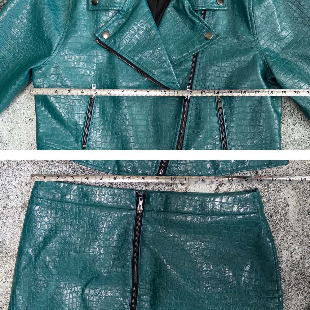 Modcloth Crocodile Rock Moto‎ Jacket & Mini Skirt, Faux Leather, Teal - Picture 6 of 8